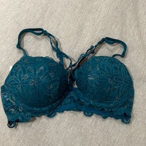 PINK racer back front-close shiny lace push up bra